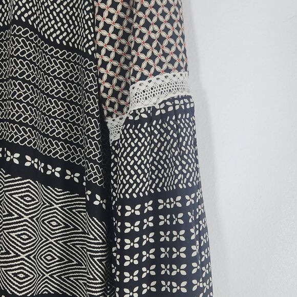 Pink Owl Black Patchwork Print Boho Blouse with Lantern Sleeves Size Medium - Picture 4 of 9